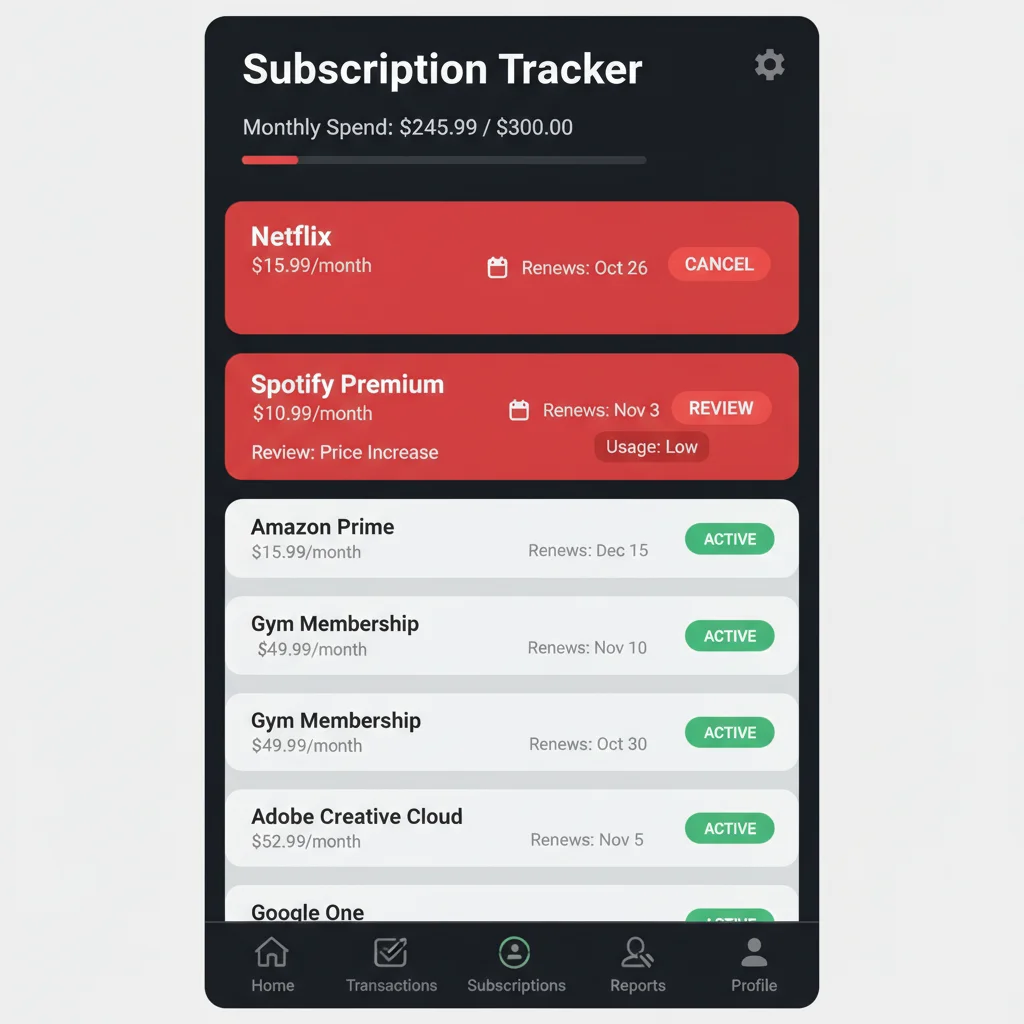 Digital financial tracking app displaying subscription expenses with some highlighted for review, illustrating effective money management.