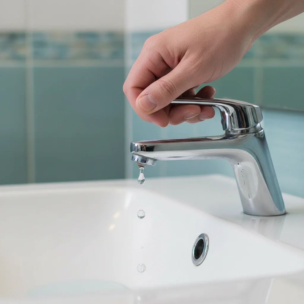 Hand turning off a leaky faucet to save water