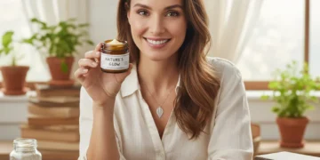 Woman with glowing skin holding a DIY beauty product, symbolizing frugal beauty routines.