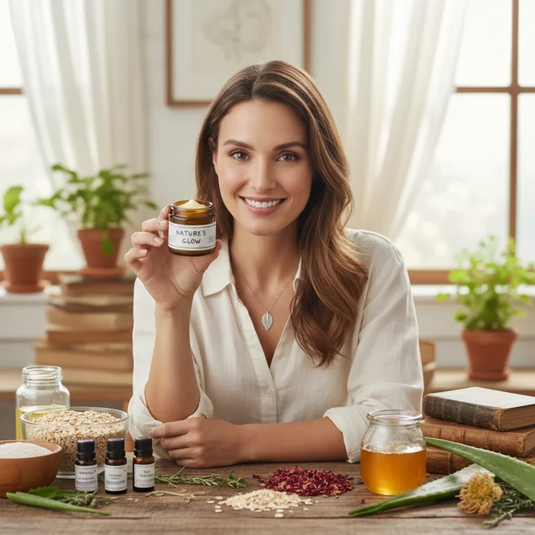 Woman with glowing skin holding a DIY beauty product, symbolizing frugal beauty routines.