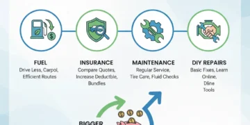 Infographic showing money-saving tips for car owners in 2026, including fuel, insurance, and maintenance.