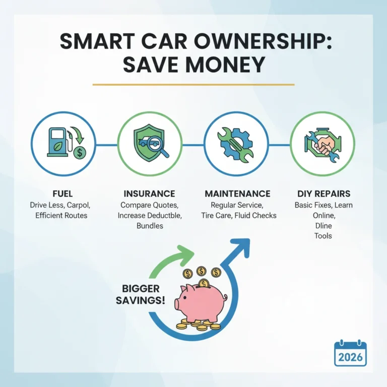 Infographic showing money-saving tips for car owners in 2026, including fuel, insurance, and maintenance.