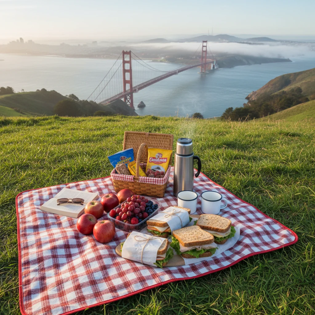 Frugal picnic in a scenic US park with iconic landmark in background