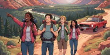 Group of frugal travelers enjoying a scenic US national park road trip
