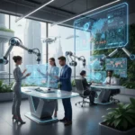 Futuristic office with human-robot collaboration, showcasing the evolving nature of work.
