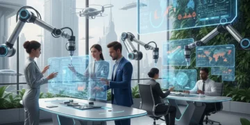 Futuristic office with human-robot collaboration, showcasing the evolving nature of work.