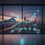 Futuristic digital interface with financial charts and robotic arm indicating investment growth.