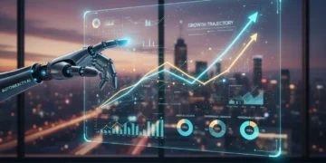 Futuristic digital interface with financial charts and robotic arm indicating investment growth.