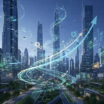 Futuristic cityscape with holographic data and economic growth graphs, symbolizing technological advancements driving economic growth by 2026.