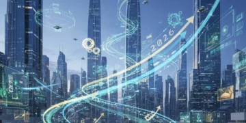 Futuristic cityscape with holographic data and economic growth graphs, symbolizing technological advancements driving economic growth by 2026.