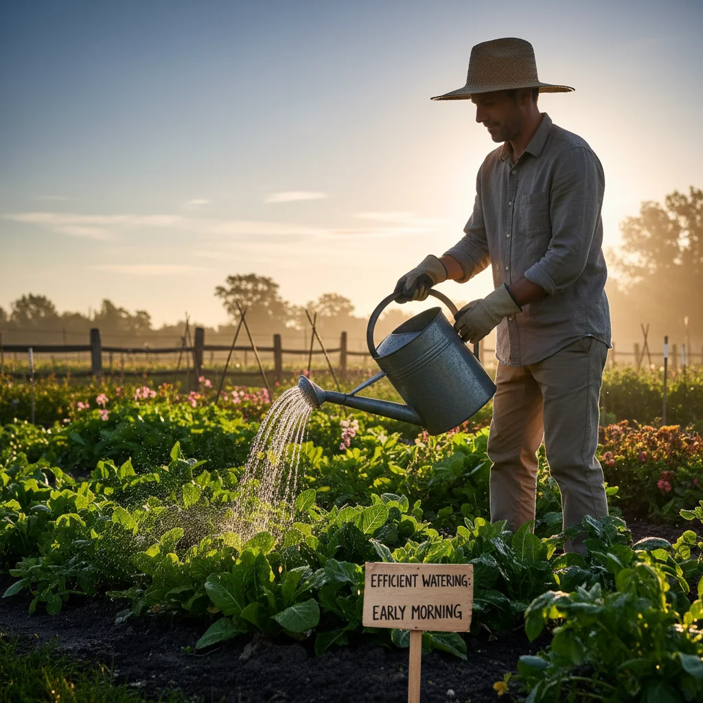 Efficient garden watering with a watering can in the morning