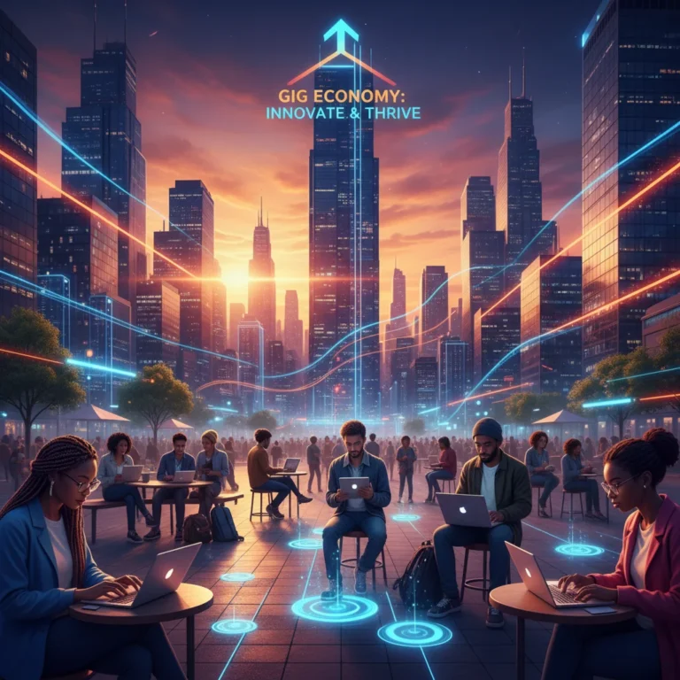 Diverse gig workers using technology, symbolizing the growing digital freelance economy by 2026.