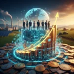 Illustration of global economic growth with rising graphs and interconnected world map.