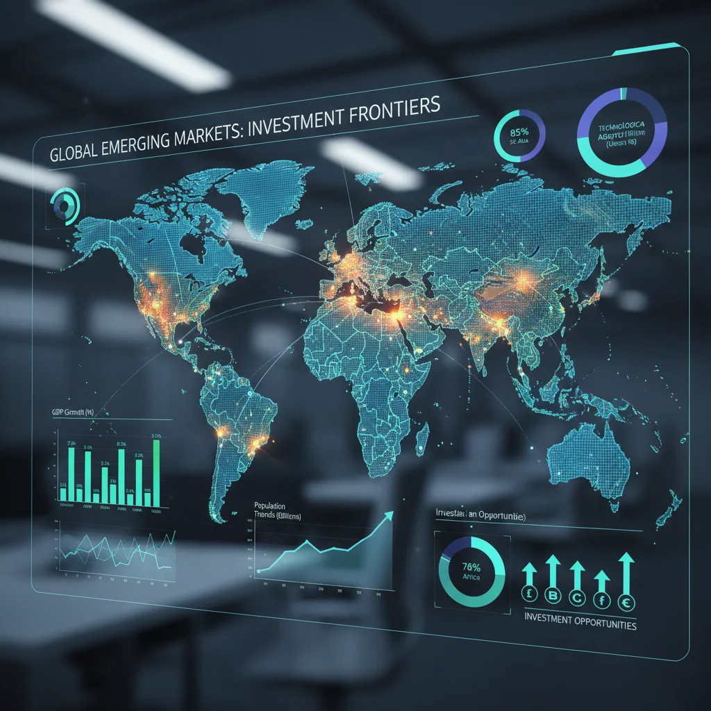 World map highlighting emerging markets with economic data overlays.