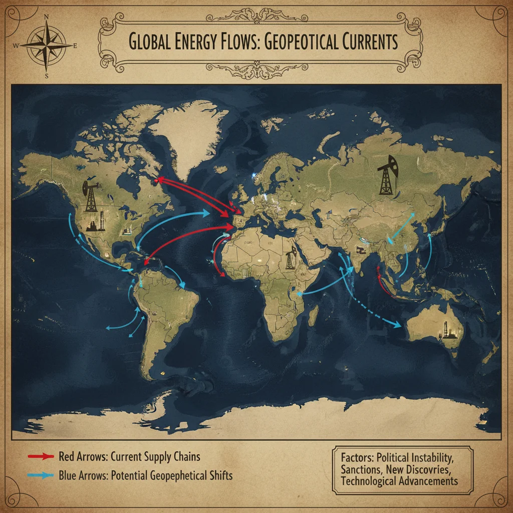World map illustrating global oil production, consumption, and geopolitical influences on energy markets.