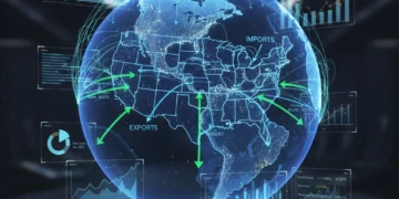 Digital globe with global trade routes and economic data for 2026 US import export forecast
