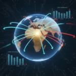 Global trade routes converging on the US with declining economic indicators.