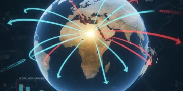 Global trade routes converging on the US with declining economic indicators.