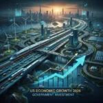 Modern infrastructure projects and economic growth charts, representing 2026 US government spending impact.