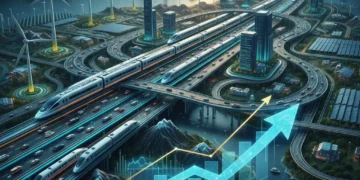 Modern infrastructure projects and economic growth charts, representing 2026 US government spending impact.
