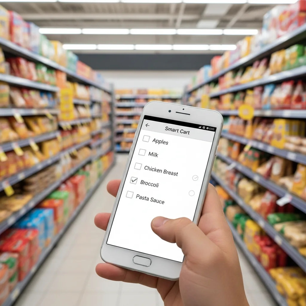 Hand holding smartphone with grocery list app in a supermarket aisle.
