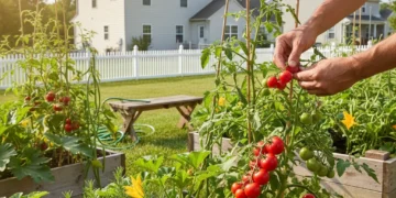 Home garden with fresh vegetables and herbs, person harvesting tomatoes