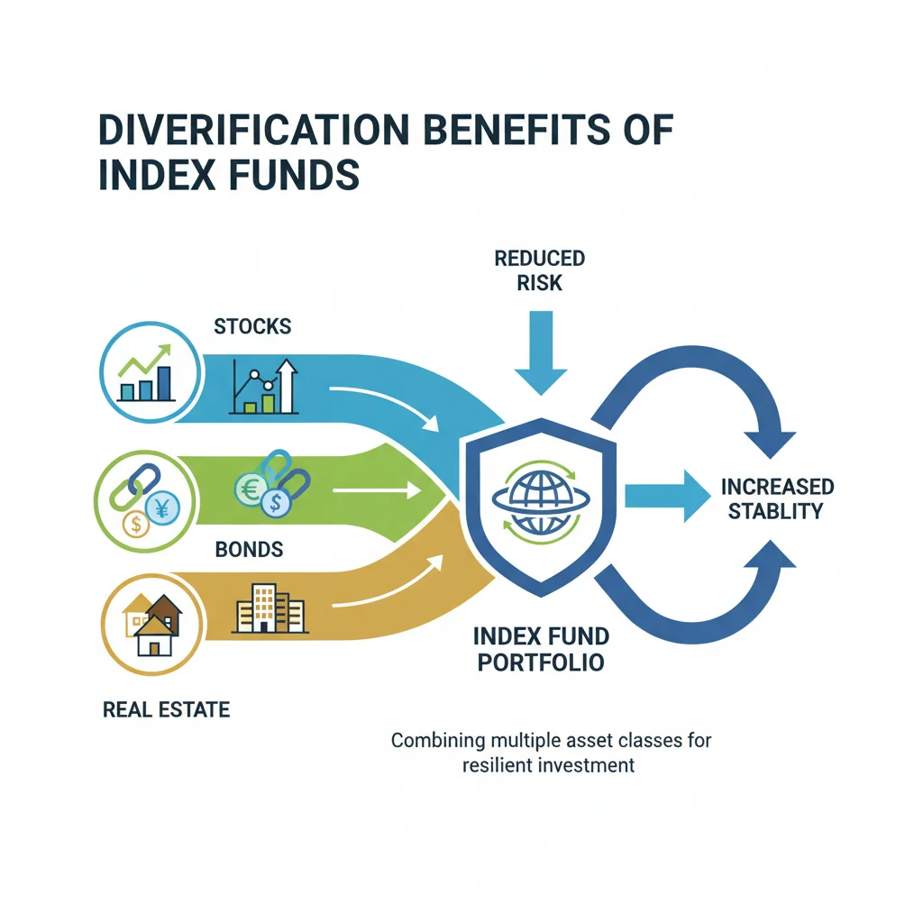 Infographic showing diversification benefits of index funds, with multiple asset classes converging into a stable portfolio.