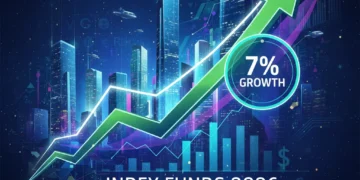 Futuristic stock market graph showing 7% growth with global financial data background, symbolizing index fund opportunities in 2026.
