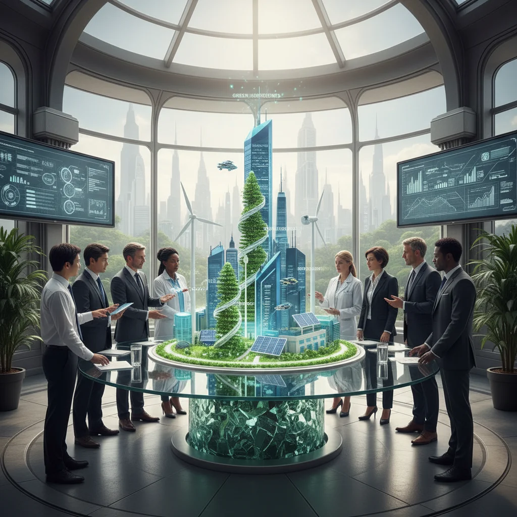 Professionals collaborating on sustainable technology and urban development projects.