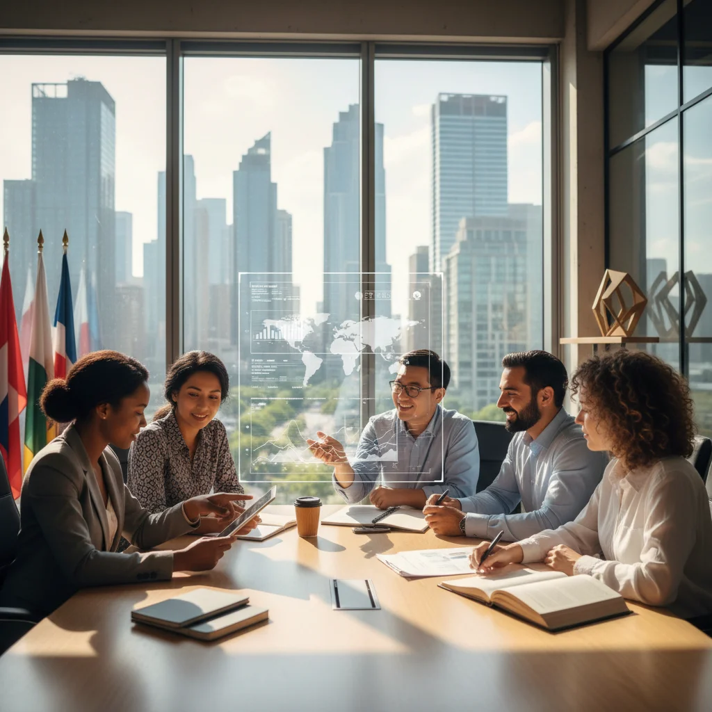 Diverse business team collaborating, representing international partnerships and emerging market development.