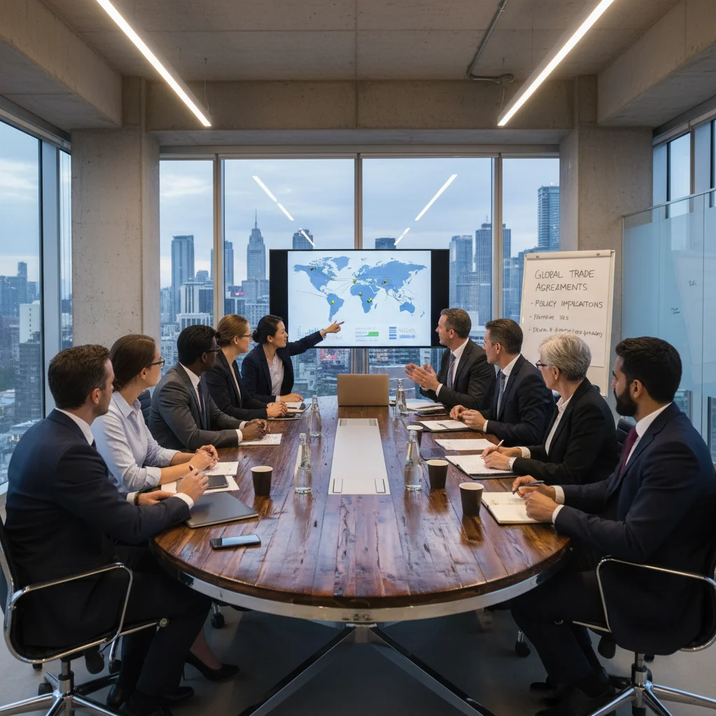 International business executives discussing trade policy and agreements in a collaborative setting