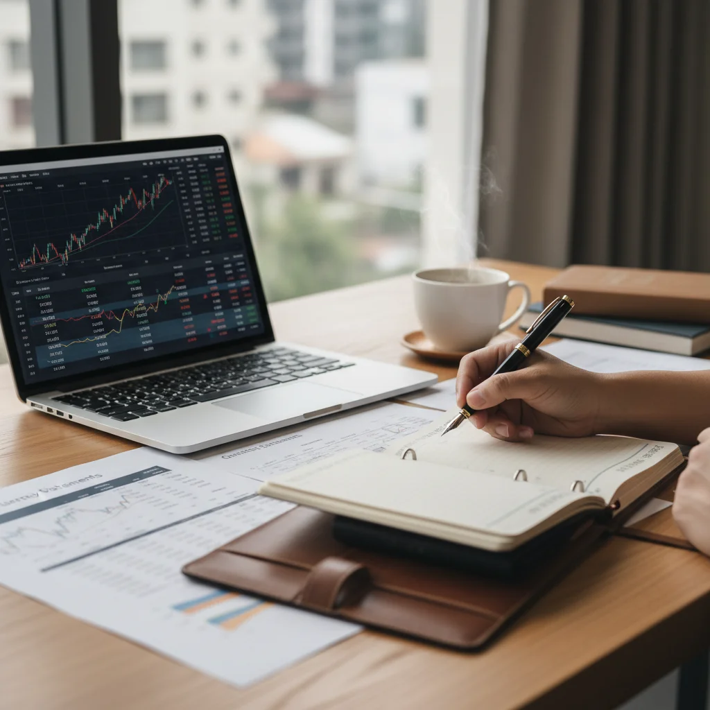Investor reviewing financial statements and market data for a quarterly portfolio assessment.