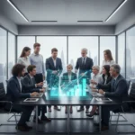 Investors analyzing holographic financial data for 2026 risk assessment