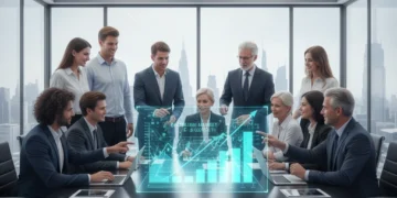 Investors analyzing holographic financial data for 2026 risk assessment