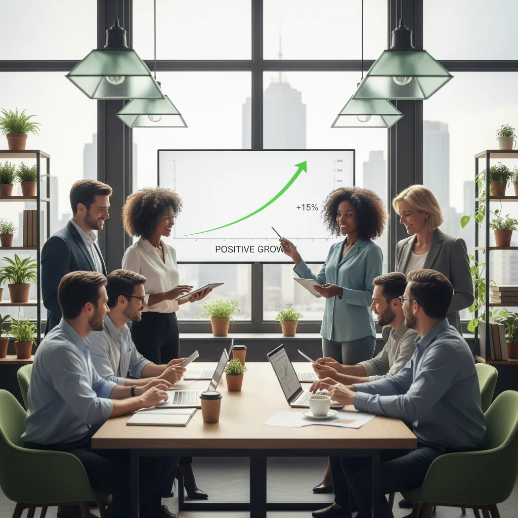 Diverse investors collaborating on sustainable financial analysis.
