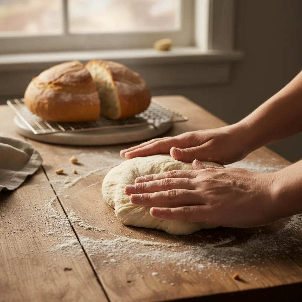 Hands kneading dough for homemade bread