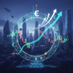 Dynamic market cycle graph with futuristic investment symbols and a cityscape, representing financial growth and strategy for 2026.