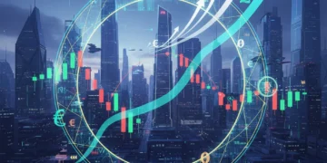 Dynamic market cycle graph with futuristic investment symbols and a cityscape, representing financial growth and strategy for 2026.
