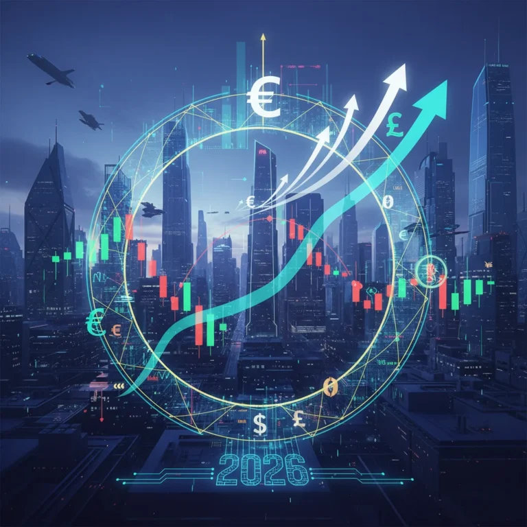 Dynamic market cycle graph with futuristic investment symbols and a cityscape, representing financial growth and strategy for 2026.