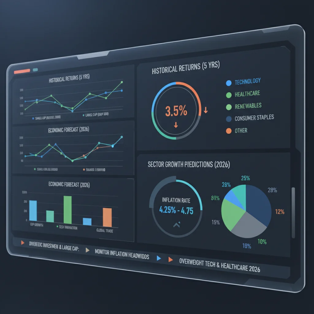 Financial dashboard showing historical stock performance, economic forecasts, and investment metrics for 2026.