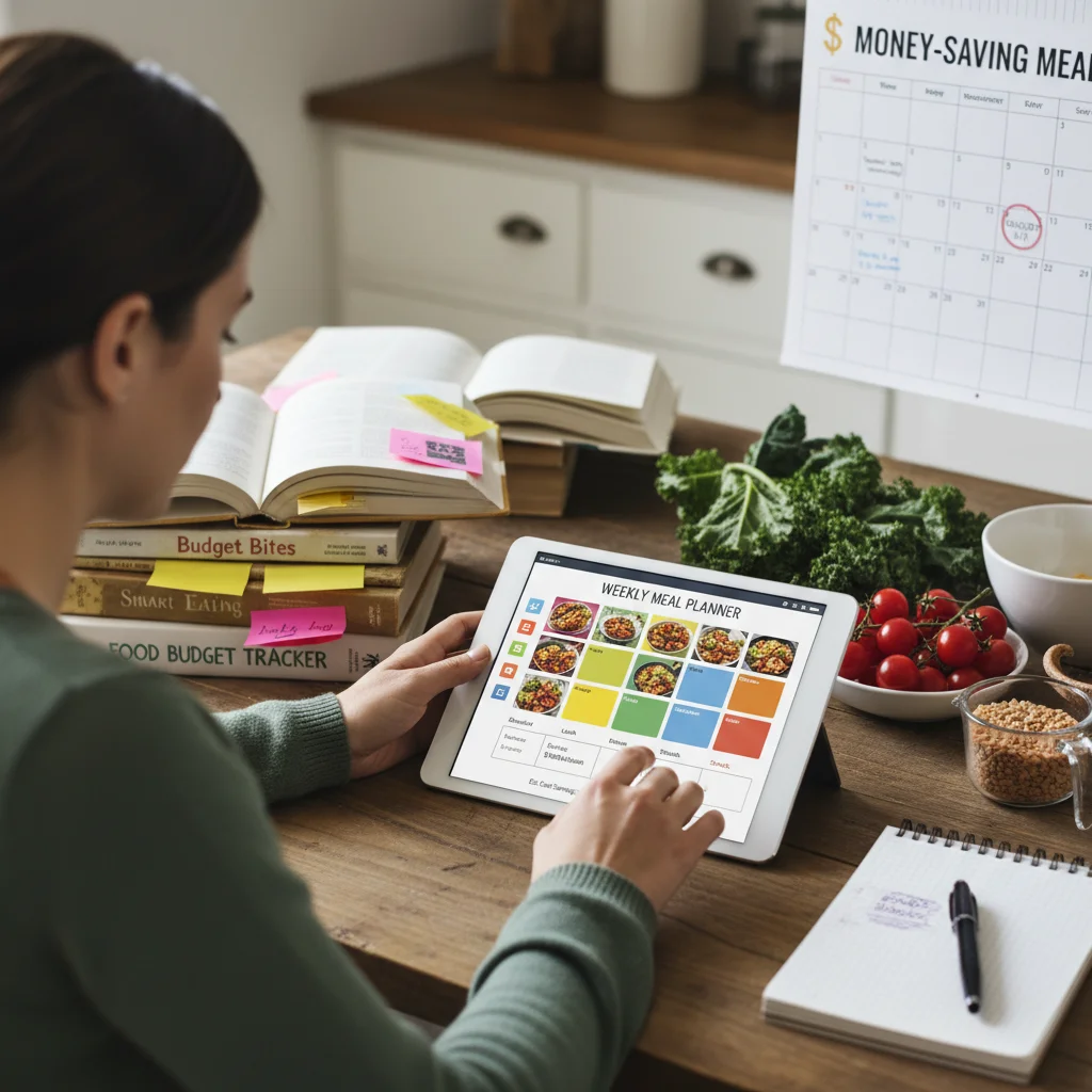 Person planning weekly meals on a tablet, surrounded by cookbooks.