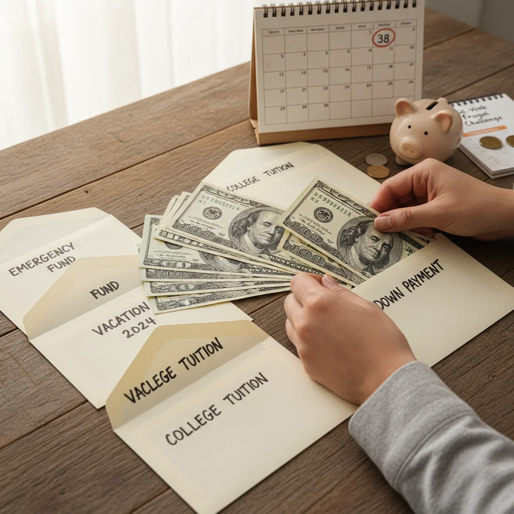 Hands organizing US dollar bills into savings envelopes