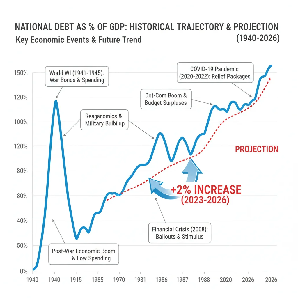 Graph showing national debt as percentage of GDP with 2026 projection.