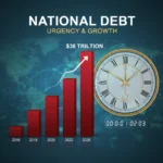 Illustration of national debt increasing with a clock, representing economic future challenges.