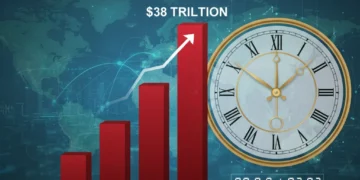 Illustration of national debt increasing with a clock, representing economic future challenges.