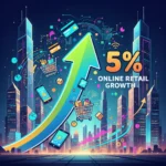 Illustration of 5% online retail growth with digital devices and economic charts