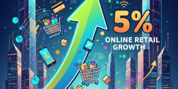 Illustration of 5% online retail growth with digital devices and economic charts