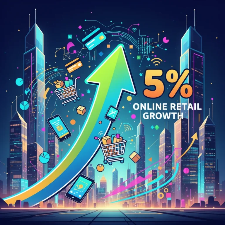 Illustration of 5% online retail growth with digital devices and economic charts