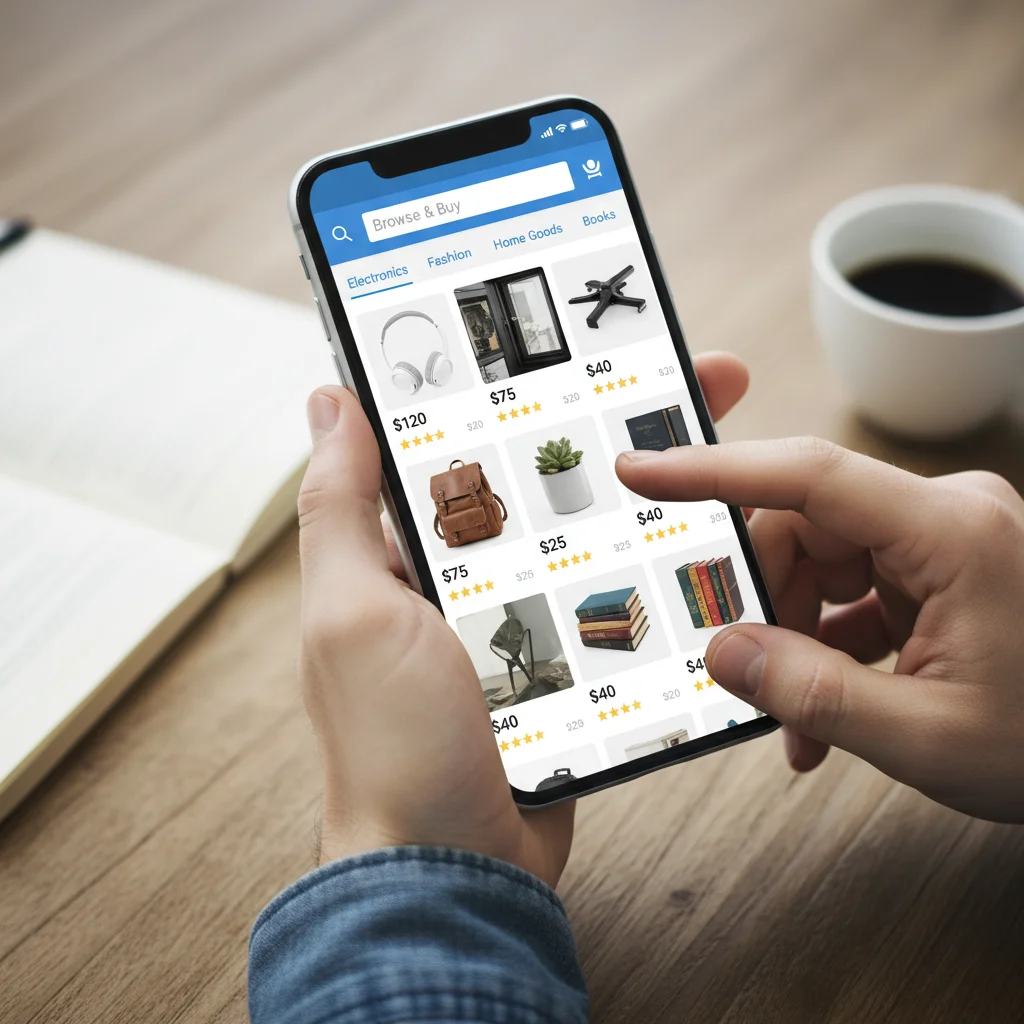 Smartphone displaying online marketplace app with items for sale, illustrating the digital selling process.