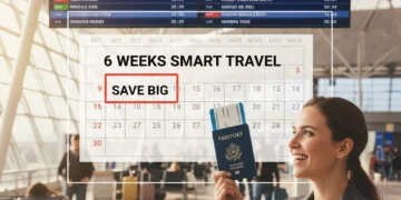 Happy traveler holding boarding pass, looking at departure board, emphasizing optimal flight booking time.
